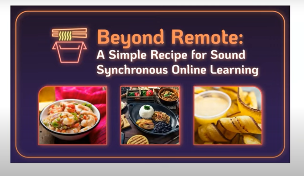 Screenshot of presentation showcasing three food photographs: a bowl of shrimp, a griddle of black beans, chicken, and rice, and a plate of fried banana slices.