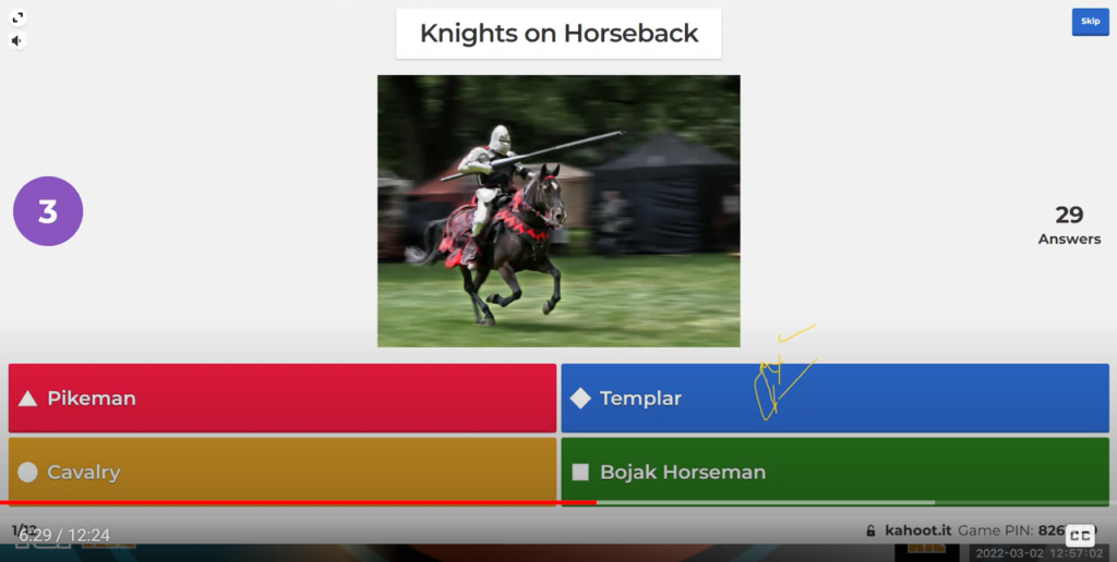 Kahoot game showing image of "Knights on Horseback" with possible answers, "Pikeman," "Templar," "Cavalry," and "Bojak Horseman."