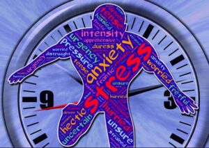 Word cloud of person representing "anxiety" over a clock face