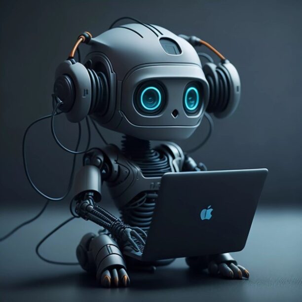 Robot working on a laptop computer