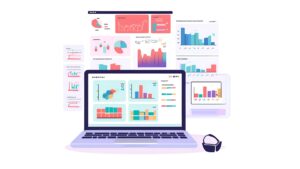 Computer screens displaying various data analytics graphs