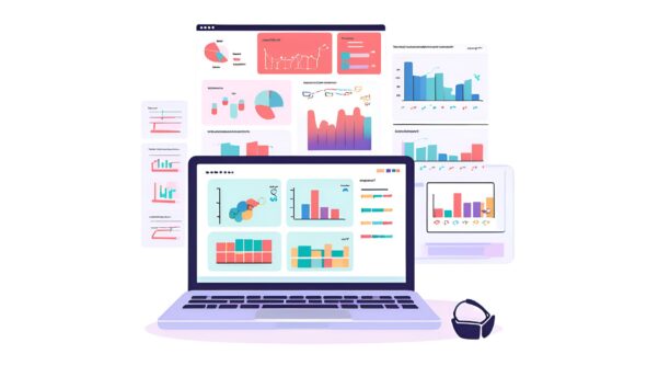 Computer screens displaying various data analytics graphs