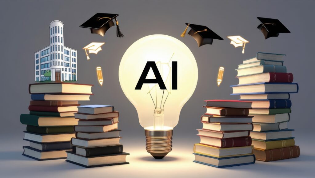 Image of books and higher education facility, graduation caps, pencils, with a lightbulb in the center with "AI" in the center of the bulb.