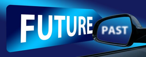 car rear view and side mirror with "future" and "past"