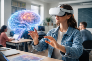 Female using an XR headset with a visual image of a brain in front of her.