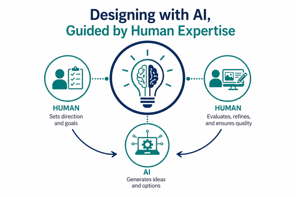Illustration the Human-AI-Human model. States "Designing with AI, guided by Human Expertise."
