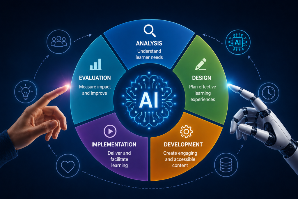 AI-enhanced ADDIE framework illustrating human and artificial intelligence collaboration in instructional design.